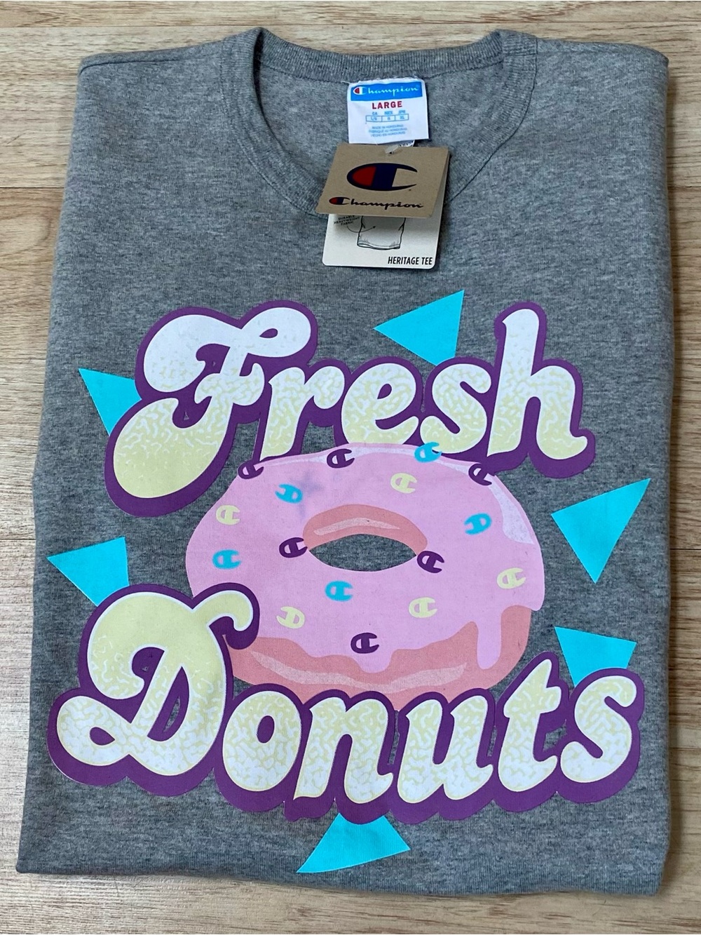 Vintage Champion T-Shirt Men’s L Grey “Fresh Donuts” Short Sleeve Tee Shirt Vtg